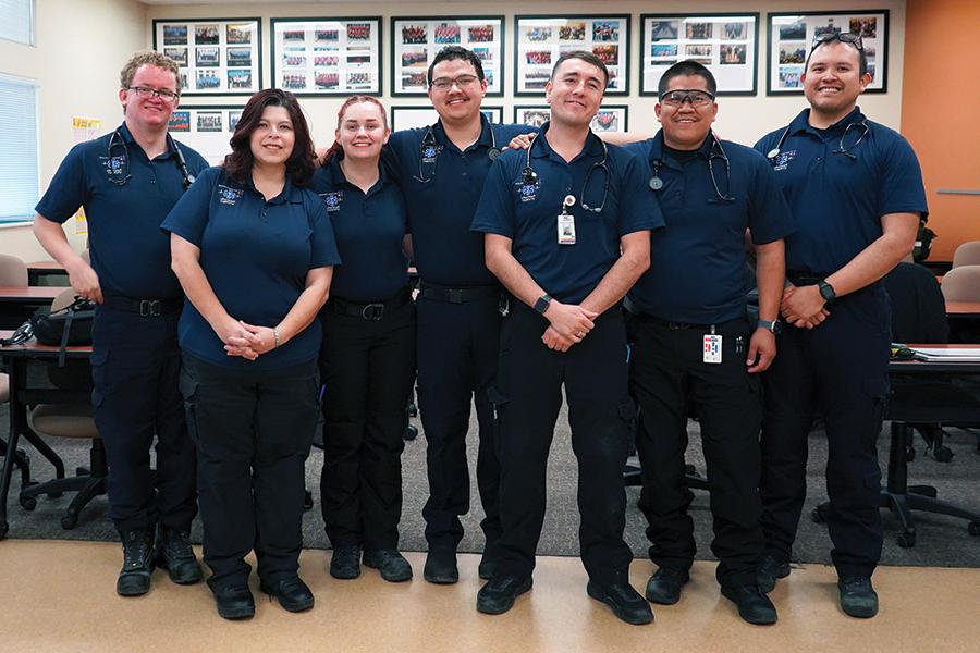 Paramedic students, from left to right, Alten Atencio, Nicholas Nez, Chris Medford, Aaron Cogburn, Allison Lujan, Glorieta Lynn Suskey and Johnathan Cannon will graduate this September.